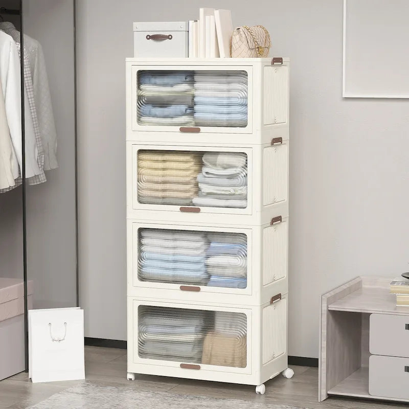 Čtyřpatrové plastové úložné boxy s víky, stohovatelné úložné kontejnery s kolečky, skládací úložné boxy, skládací úložné koše