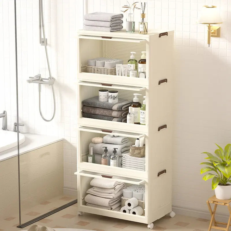 Čtyřpatrové plastové úložné boxy s víky, stohovatelné úložné kontejnery s kolečky, skládací úložné boxy, skládací úložné koše