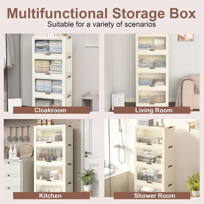 Čtyřpatrové plastové úložné boxy s víky, stohovatelné úložné kontejnery s kolečky, skládací úložné boxy, skládací úložné koše