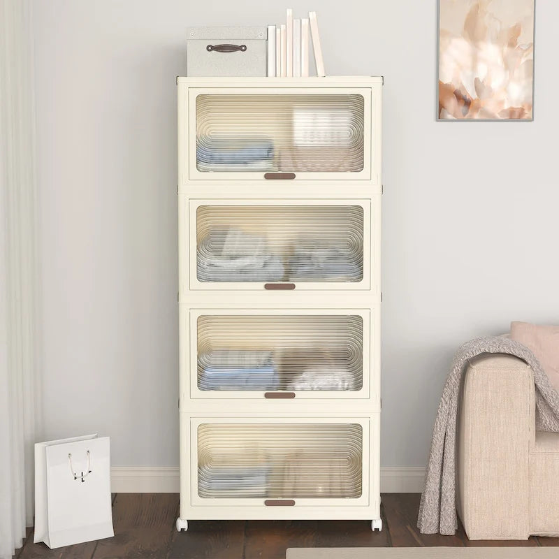 Čtyřpatrové plastové úložné boxy s víky, stohovatelné úložné kontejnery s kolečky, skládací úložné boxy, skládací úložné koše