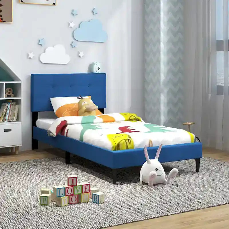 Gymax Twin Upholstered Platform Bed Mattress Foundation Button Tufted