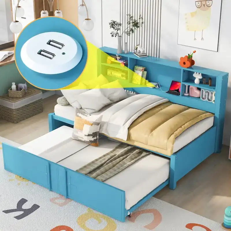 Modrá dvoulůžková kovová denní postel s výsuvnou přistýlkou, úložnými policemi a USB porty – bez pružinové matrace