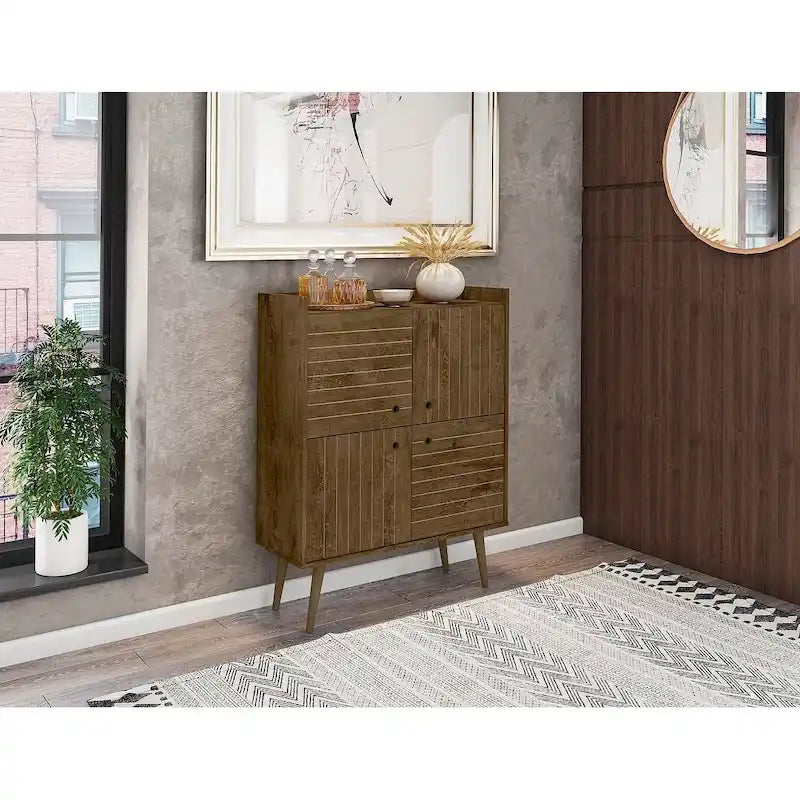 Akcentační skříňka ve stylu Mid-Century Modern se skrytým úložným prostorem a kruhovými úchytkami