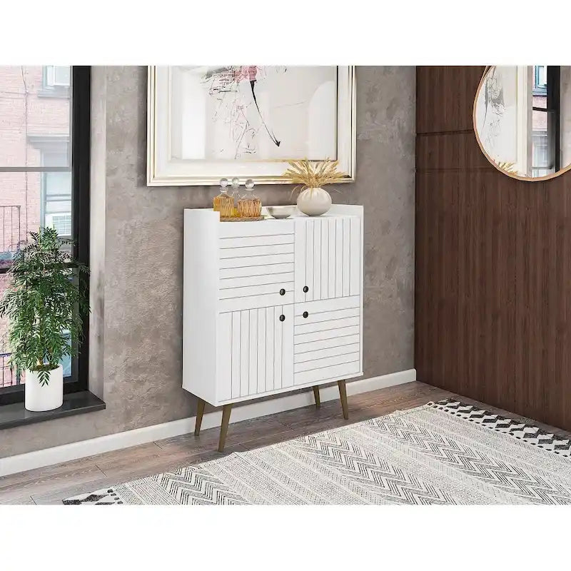 Akcentační skříňka ve stylu Mid-Century Modern se skrytým úložným prostorem a kruhovými úchytkami
