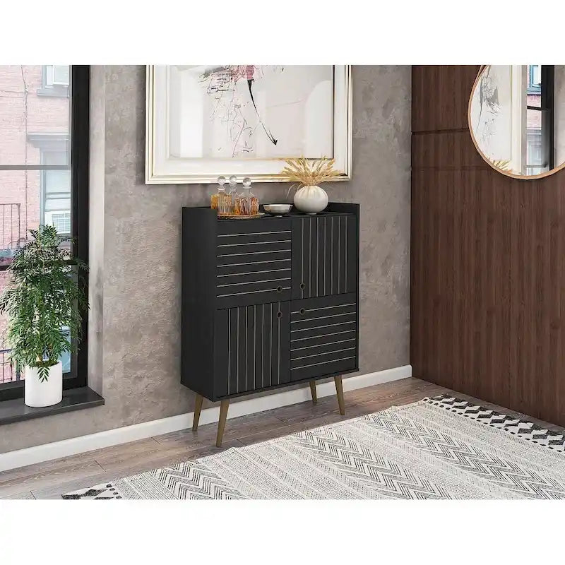 Akcentační skříňka ve stylu Mid-Century Modern se skrytým úložným prostorem a kruhovými úchytkami