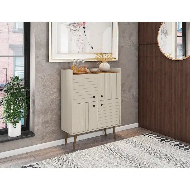 Akcentační skříňka ve stylu Mid-Century Modern se skrytým úložným prostorem a kruhovými úchytkami