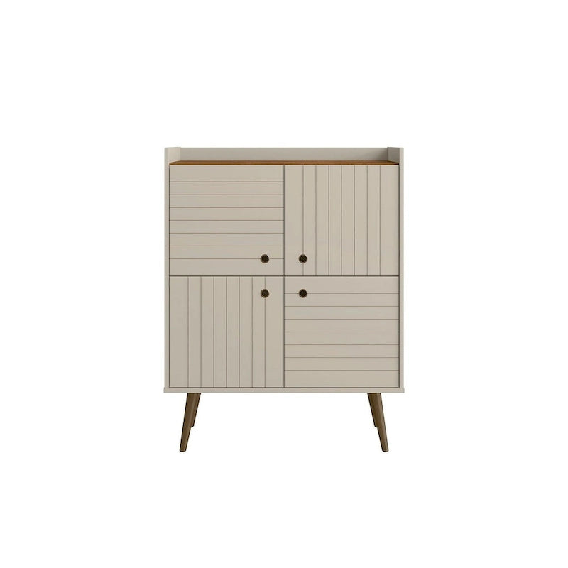 Akcentační skříňka ve stylu Mid-Century Modern se skrytým úložným prostorem a kruhovými úchytkami