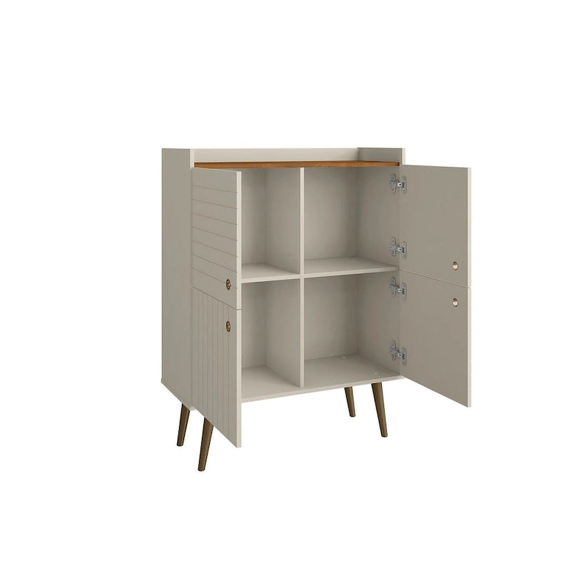 Akcentační skříňka ve stylu Mid-Century Modern se skrytým úložným prostorem a kruhovými úchytkami