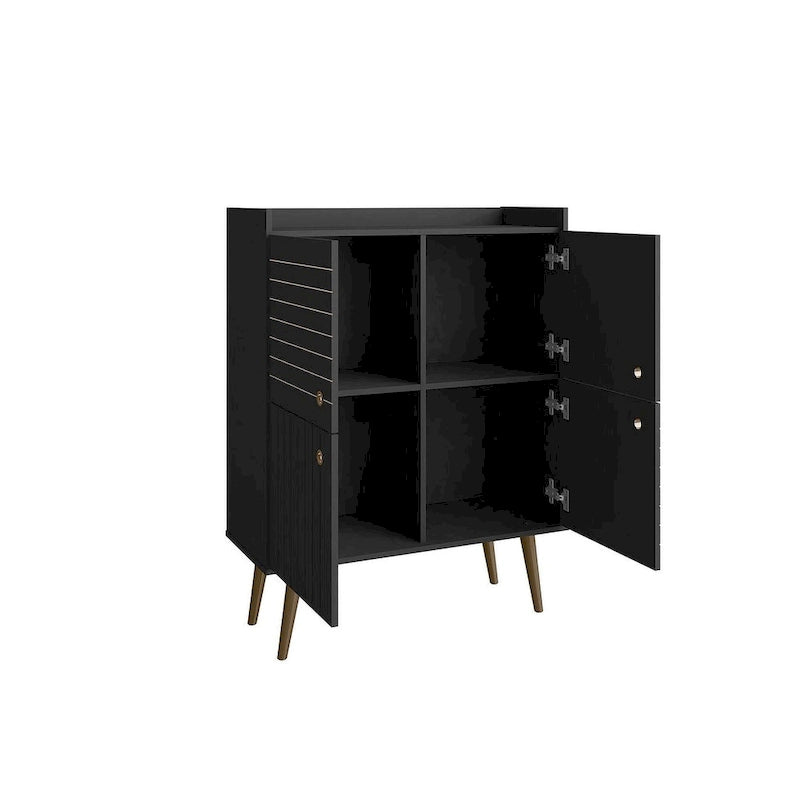 Akcentační skříňka ve stylu Mid-Century Modern se skrytým úložným prostorem a kruhovými úchytkami