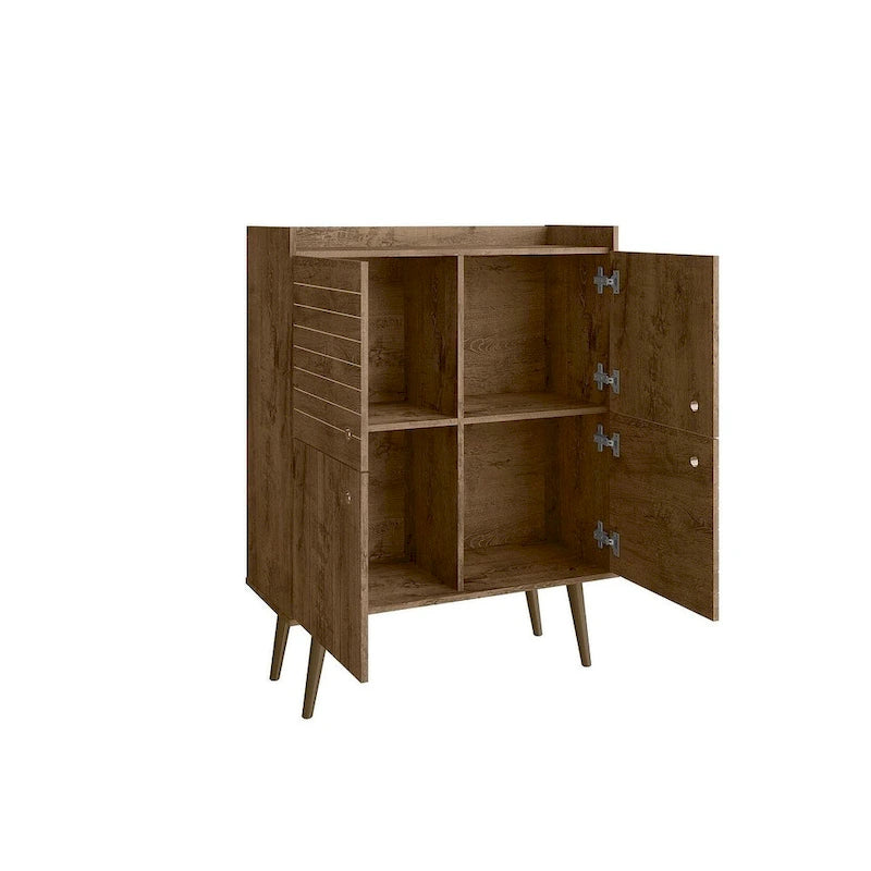 Akcentační skříňka ve stylu Mid-Century Modern se skrytým úložným prostorem a kruhovými úchytkami