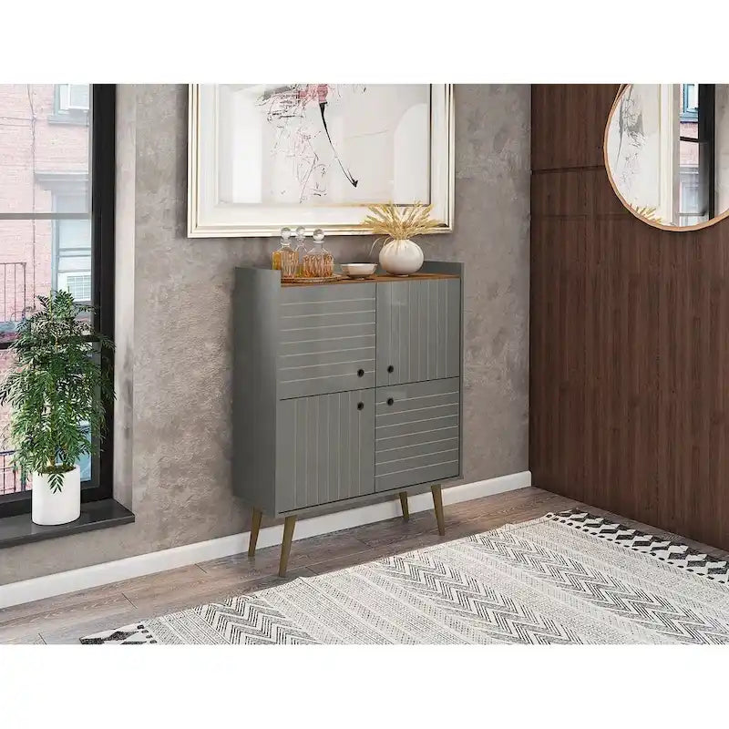 Akcentační skříňka ve stylu Mid-Century Modern se skrytým úložným prostorem a kruhovými úchytkami
