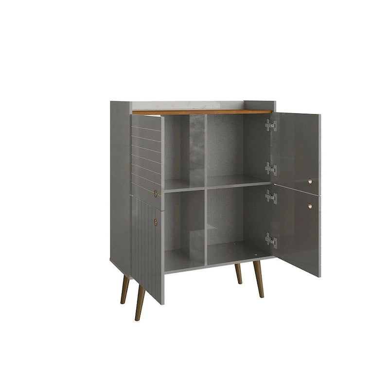 Akcentační skříňka ve stylu Mid-Century Modern se skrytým úložným prostorem a kruhovými úchytkami