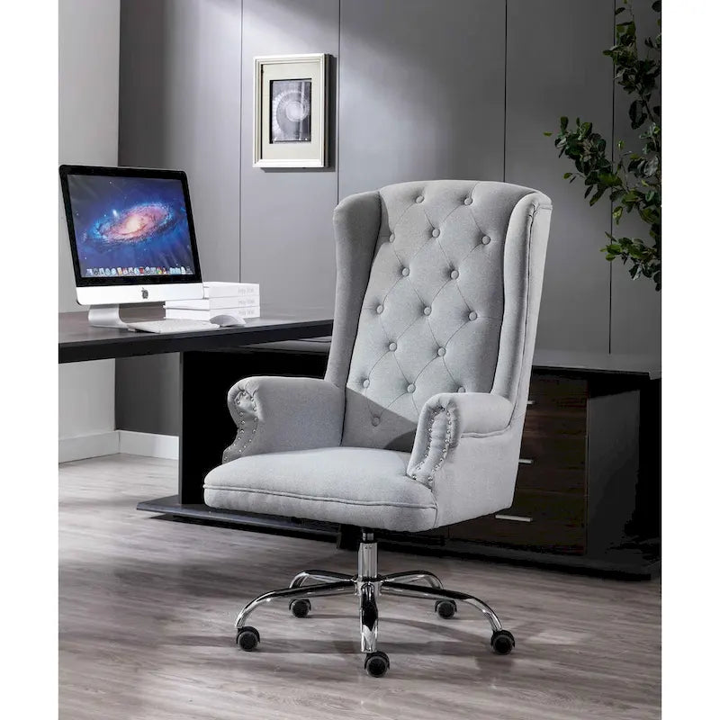 Vysoká kancelářská židle Wingback s lněným čalouněním, otočná o 360° a nastavitelná výška