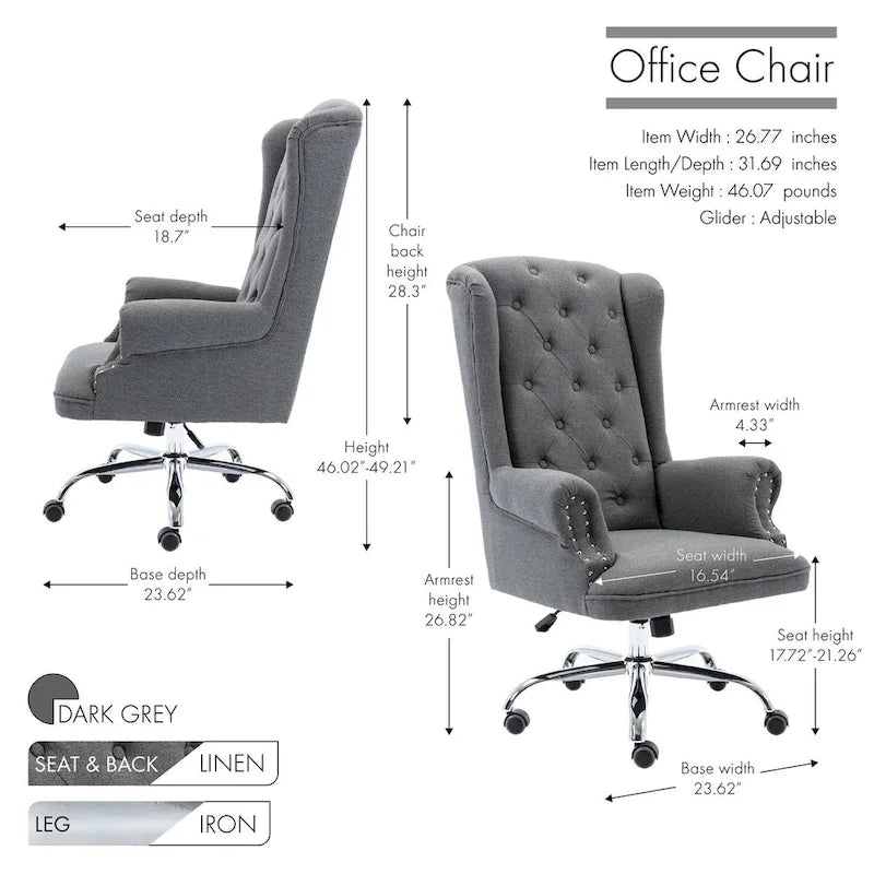 Vysoká kancelářská židle Wingback s lněným čalouněním, otočná o 360° a nastavitelná výška