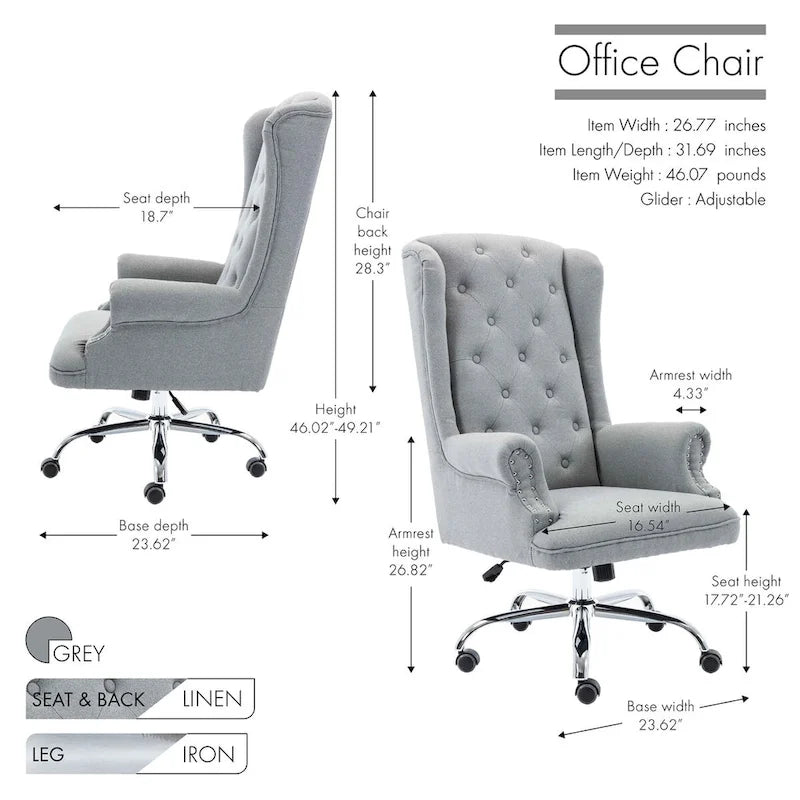 Vysoká kancelářská židle Wingback s lněným čalouněním, otočná o 360° a nastavitelná výška